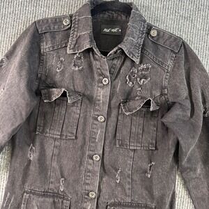 Blue Age Womens S Black Denim Jacket Longline‎ Distressed Utility Grunge Shacket